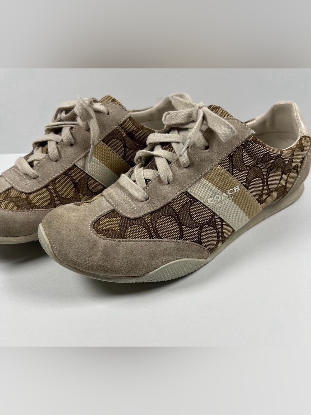 Coach Taupe & Brown Logo Suede Sneakers